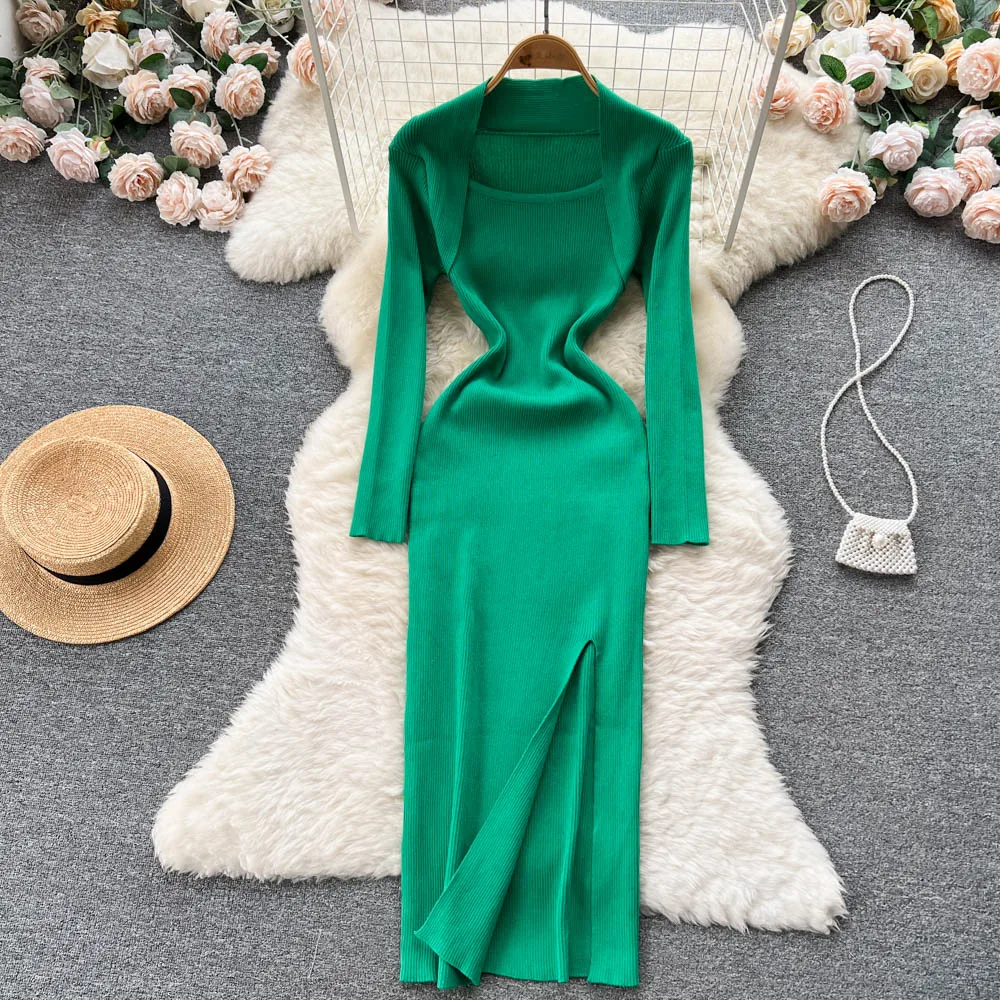 

French Chic Knitted Dress Long Sleeves Dresses Sexy Split Female O-Neck Black New Autumn Vestidos Women Clothes Dropshipping