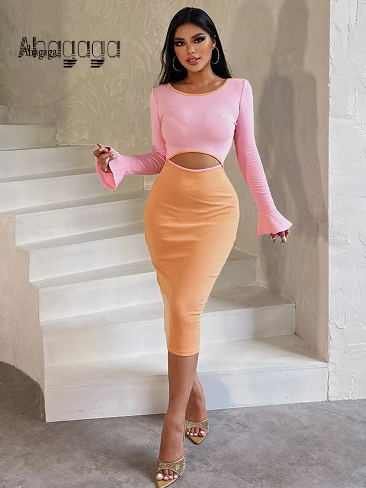 

AHAgaga Sexy Patchwork Dress Women Casual Hollow Out O-neck Elegant Tight Dresses Women Midi Dress Autumn Holiday Femme Vestido