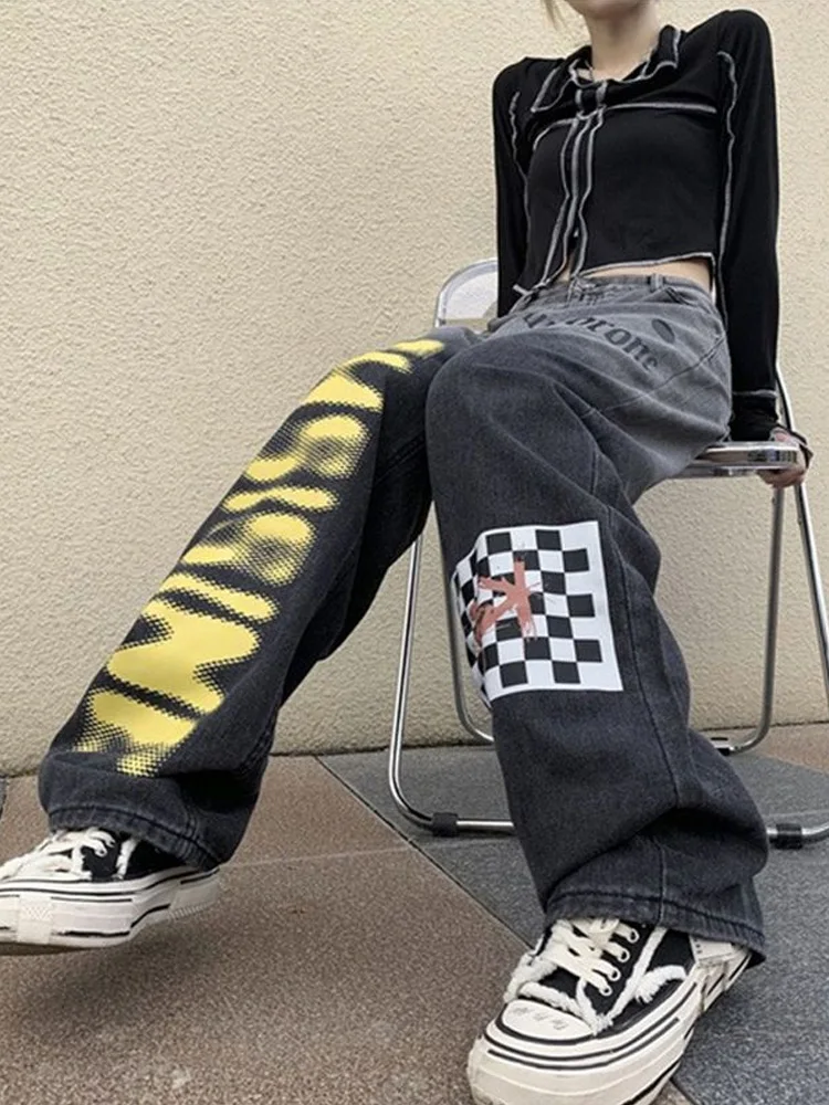 American Style Hip Hop Alphabet Print Multi-pocket Jeans for Women Y2K High Street Loose Straight Wide Leg Work Pants Oversized