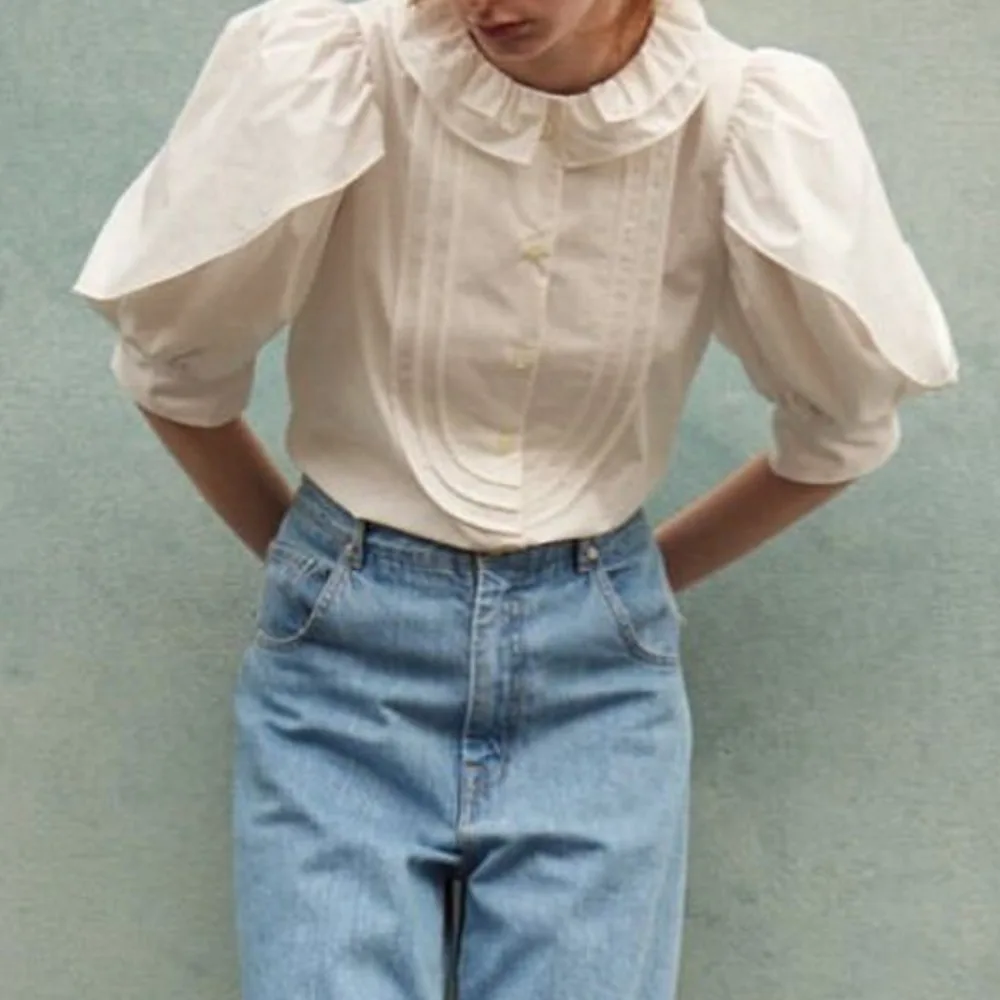 Новый милый кружевной топ Kuzuwata с пышными рукавами и воротником свободные