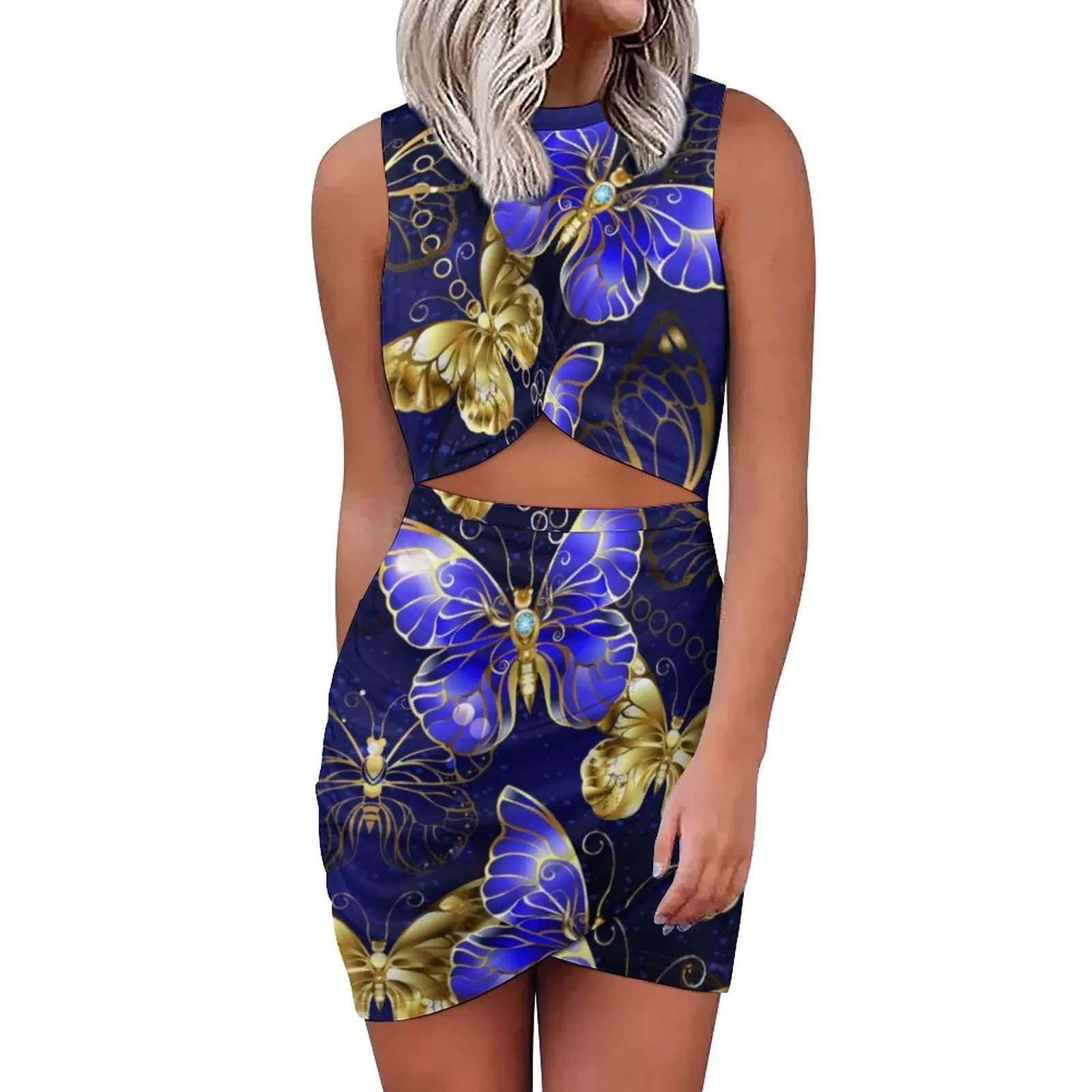 

Женское платье с золотыми бабочками, облегающее платье с сапфировым принтом и бабочками, летние ажурные сексуальные платья большого размер...