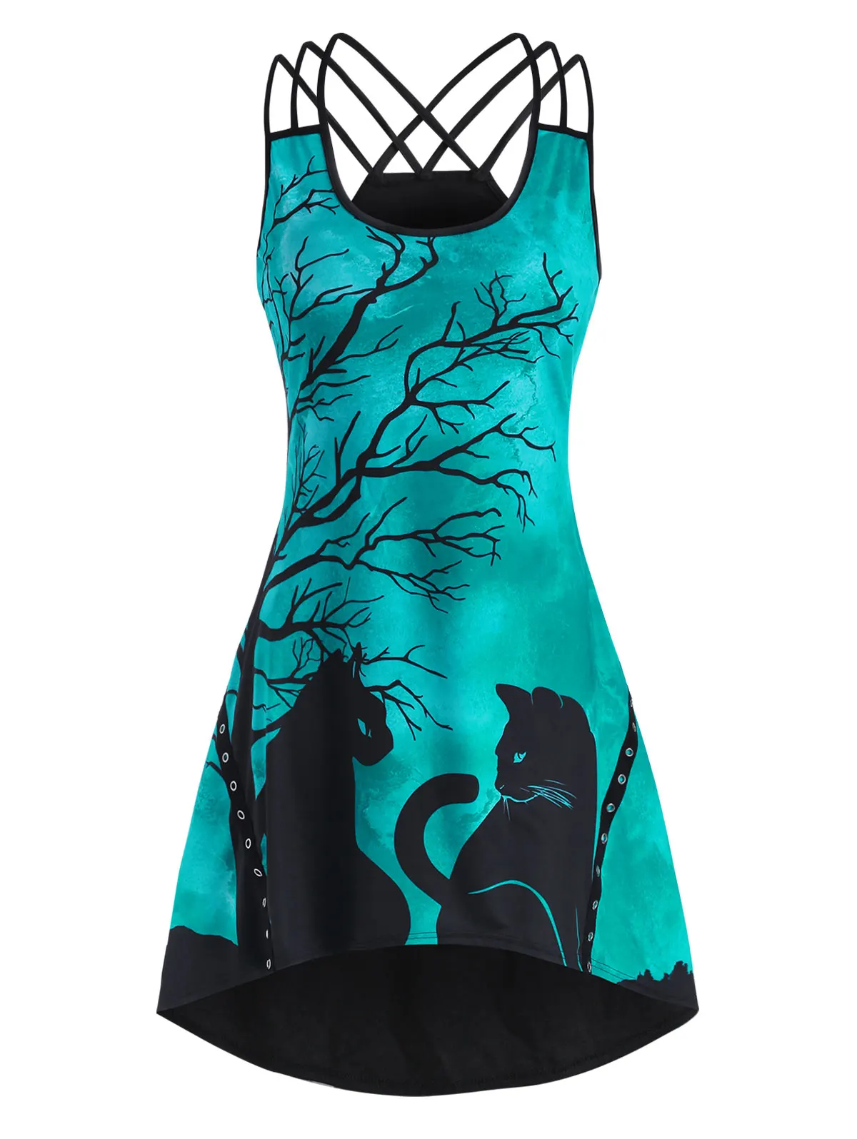 

Vintage Gothic Dress Women Sleeveless Crisscross Tree Cat Print Grommet High Low Party Dress Casual Style