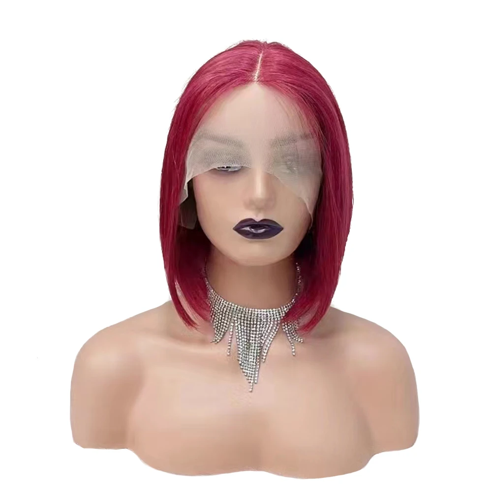 Burgundy Short Bob Wig Straight Human Hair Wigs for Women Pre-Plucked T Lace Closure Wig Brazilian Hair Lace Wigs 150% Denisty