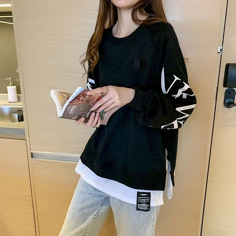 

Autumn New Super Fire Pullover Women Ins Tide Hem Two-piece Fake Two-piece Blouse with Slits on Both Sides Loose Jacket Women