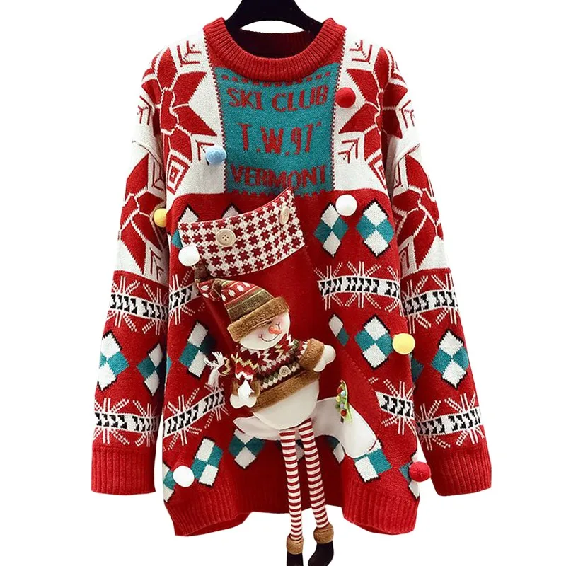 

Fashion Autumn Winter Three-dimensional Snowman Hairball Harajuku Women Sweater High Quality Knitwear Christmas Pullover Female