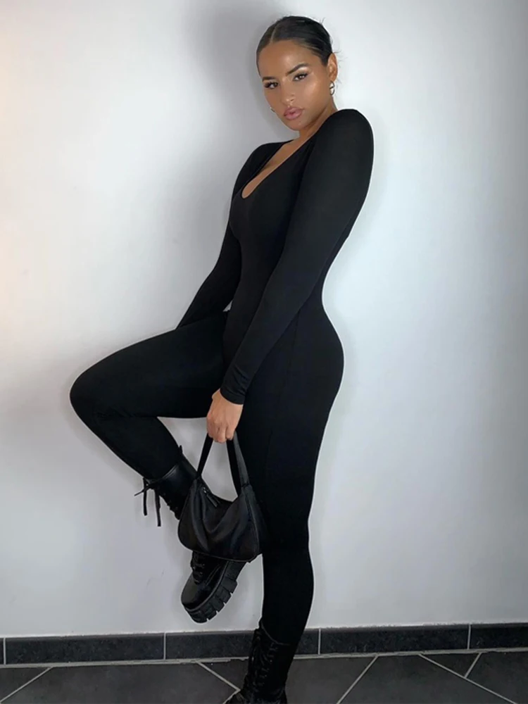 2023 Long Sleeve Slash Neck Skinny Solid Stretchy Bodycon Jumpsuits Autumn Winter Women Fashion Streetwear Outfits Romp
