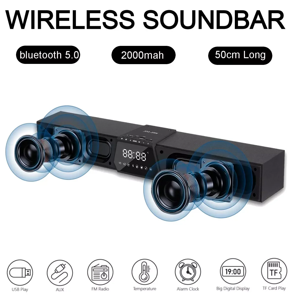 

50CM Wireless Soundbar bluetooth Speaker FM Radio Big Digital Display Stereo Subwoofer Computer Sound bar for Laptop PC TV AUX