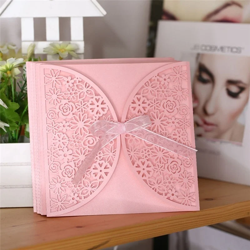 

50 шт., квадратные свадебные пригласительные открытки с лентами