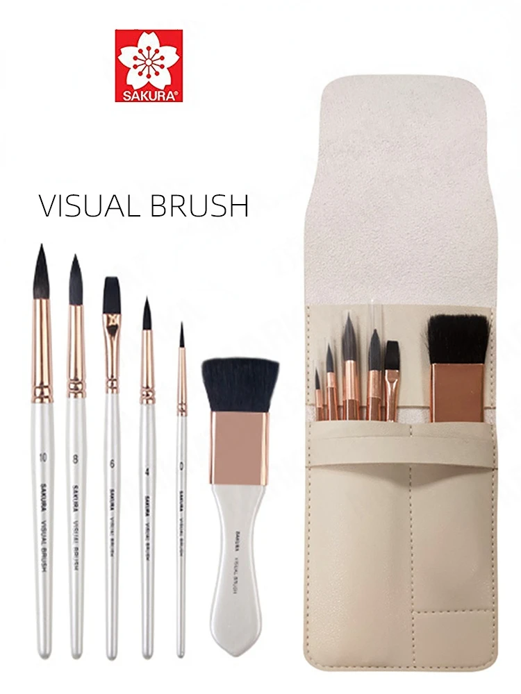 

6PCS SAKURA Visual Paintbrush Squirrel Artist Watercolor Brush Portable Travel Set In Leather Case for Acrylic Gouache Painting
