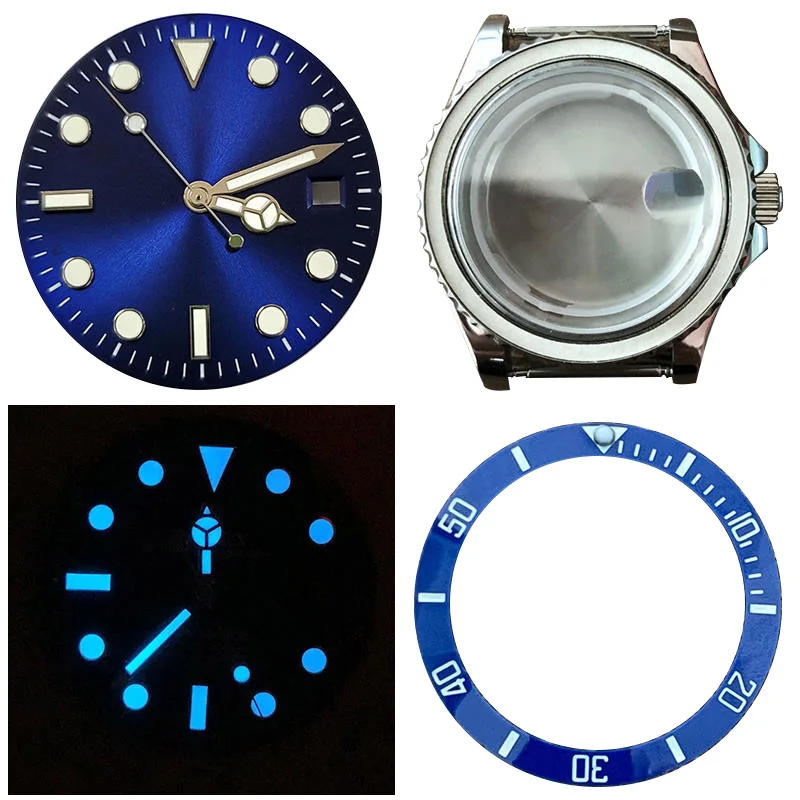 40mm Stainless Steel Sapphire Glass Watch Case Blue Luminous Dial With Hands Ceramic Bezel Ring Fit For RLX 2836 8215 Movement