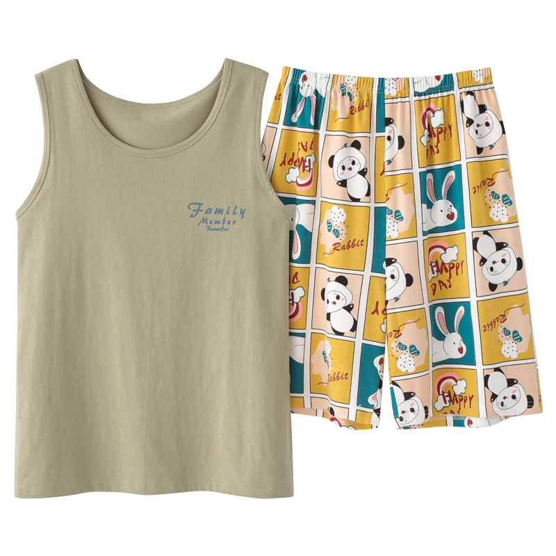 Летняя трикотажная Хлопковая пижама для пар жилет с мультяшным рисунком