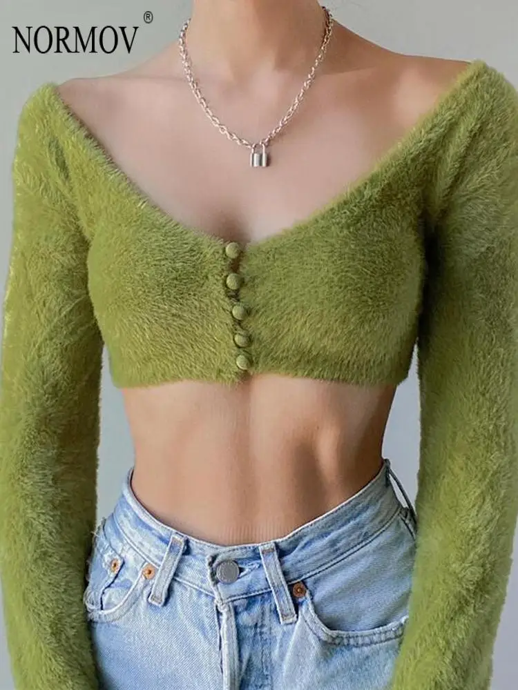 

NORMOV экзотическая Новая любовь модный стиль сексуальный плюшевый V-образный вырез на пуговицах кардиган Эстетическая одежда Топ с длинным р...