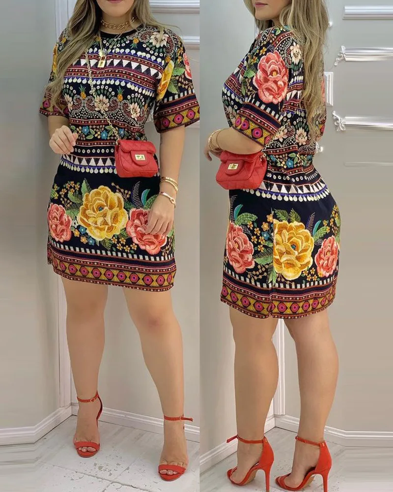

Print Dress Women Summer 2022 New Fashion Short Sleeve Casual Printing Boho Mini Dresses