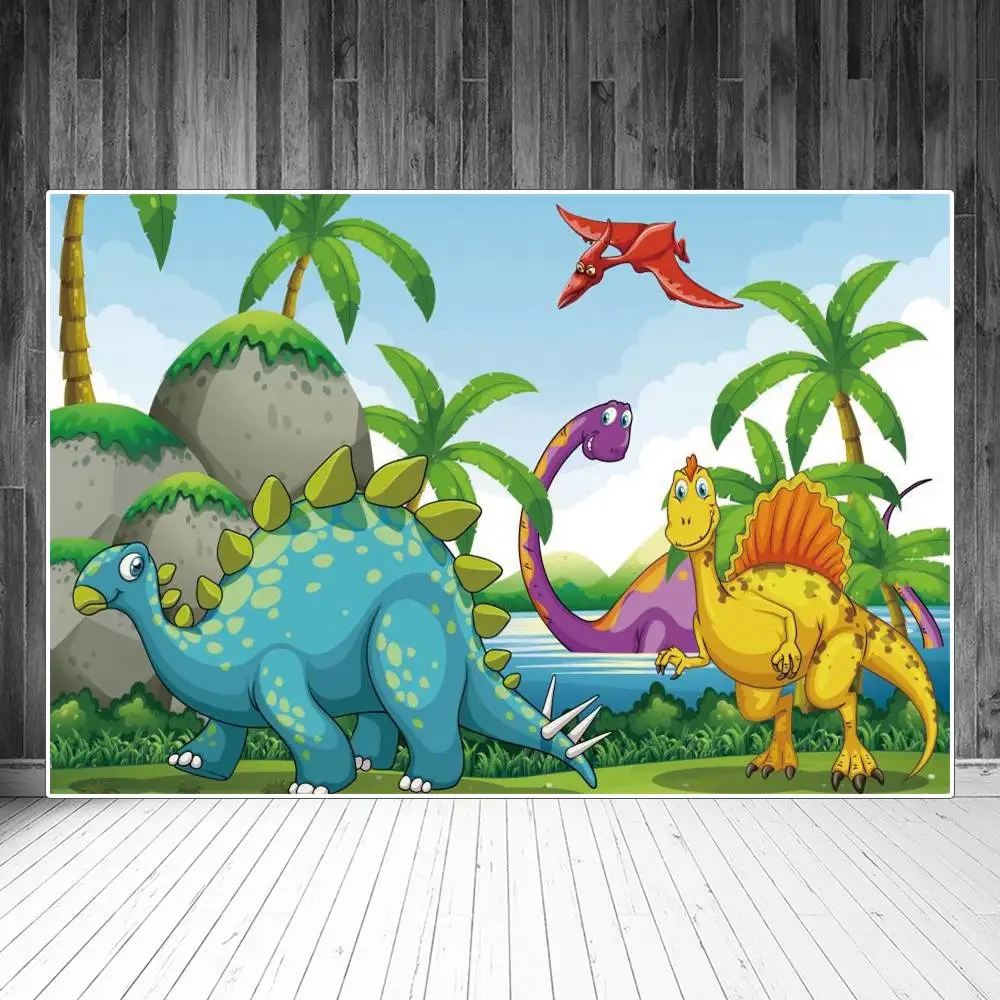 

Baby Jungle Cartoon Dinosaurs World Birthday Decoration Photography Backdrops Children Palm Trees Rocks Party Photo Backgrounds