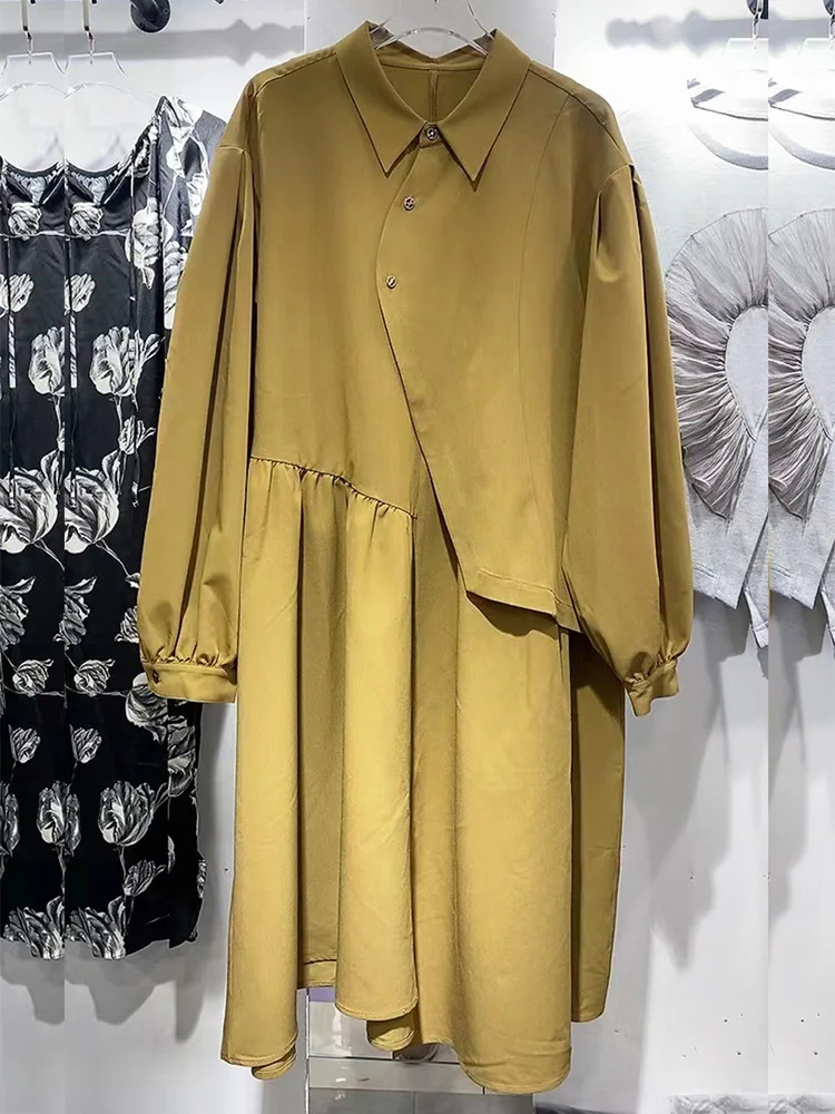 

2022 Autumn /Winter Niche Design Long Irregular Women Dresses High Quality Retro Loose Shirt Dress Turn-down Collar A-LINE Robe