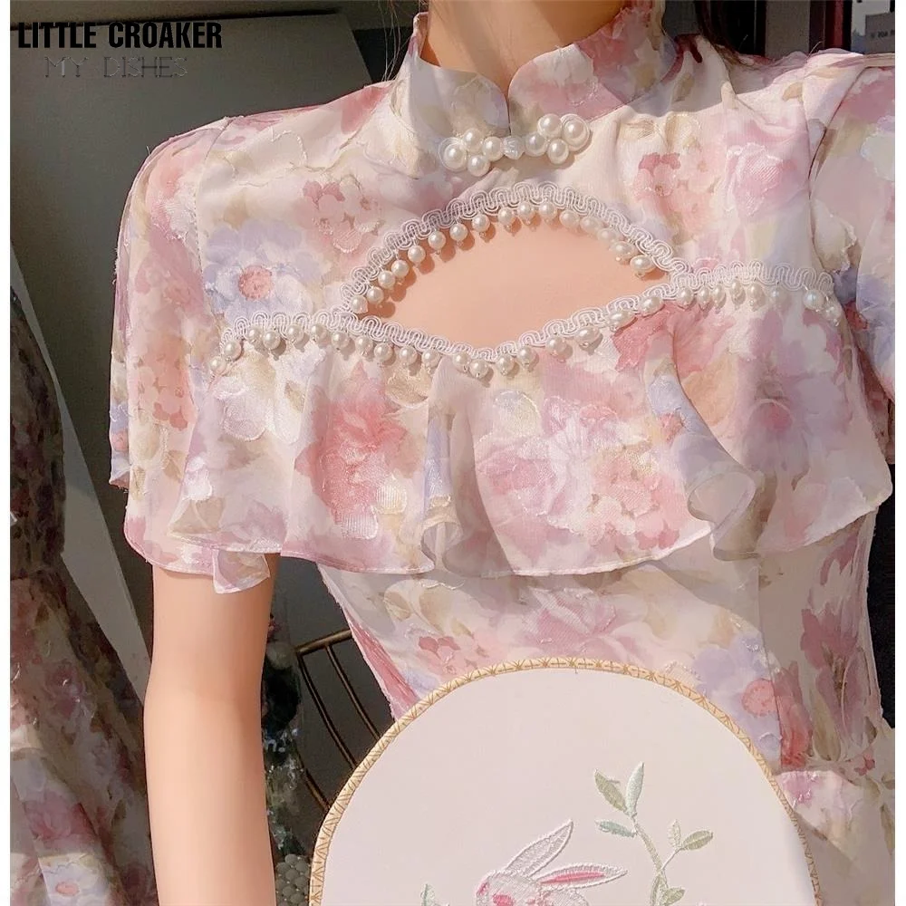 

Elegant Long Floral Qipao Women Vintage Sweet Chinese Cheongsam Dress Casual Calssy Hollow Out Bead Party Dress Summer 2022