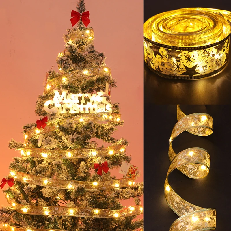 

LED Double Layer Fairy Lights Strings Christmas Ribbon Bows with LED Christmas Tree Ornaments New Year 2023 Navidad Home Decor