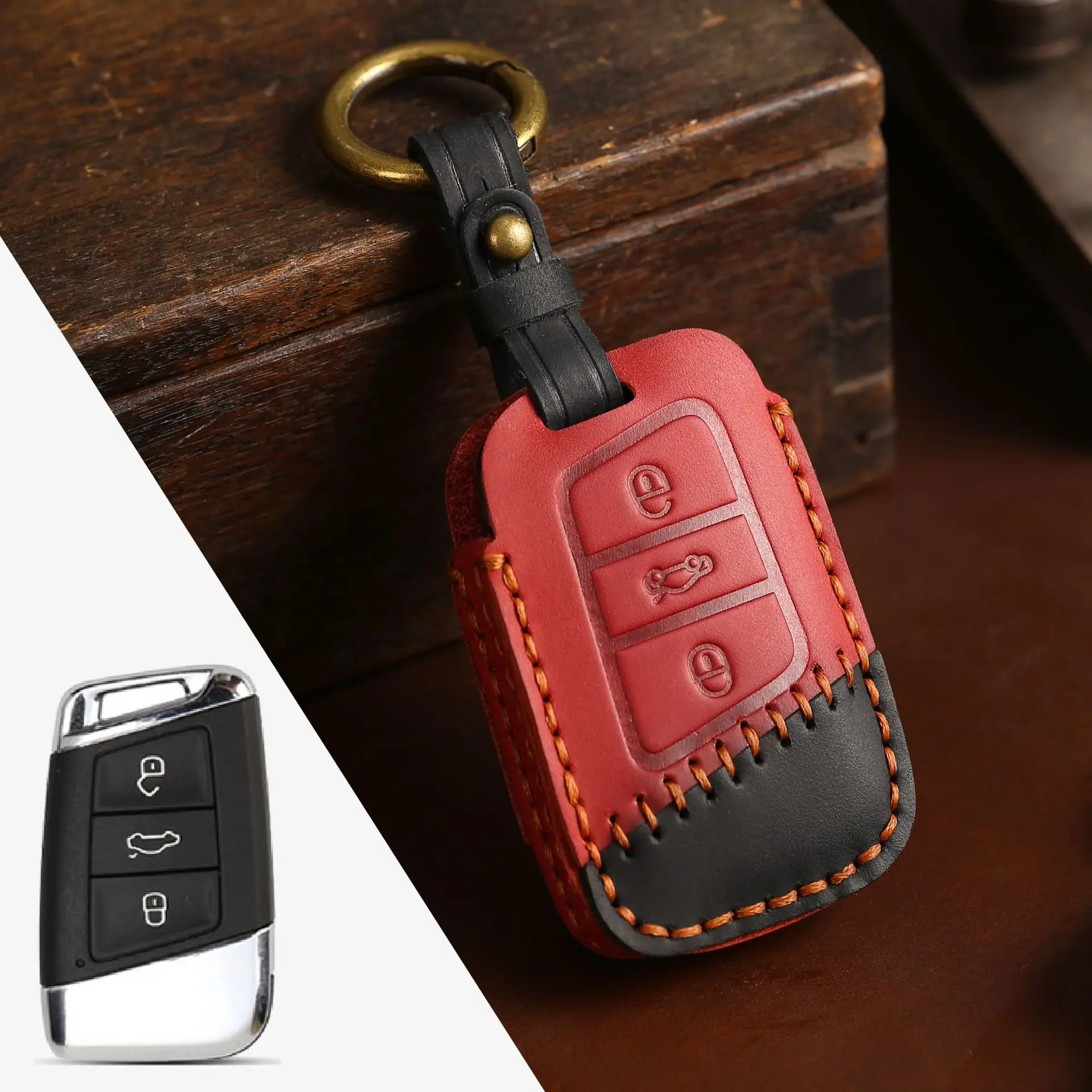 

Suitable for Volkswagen Key Cover Passat Golf Magotan Crazy Horse Leather Key Case Leather Car Key Protection Buckle Cover