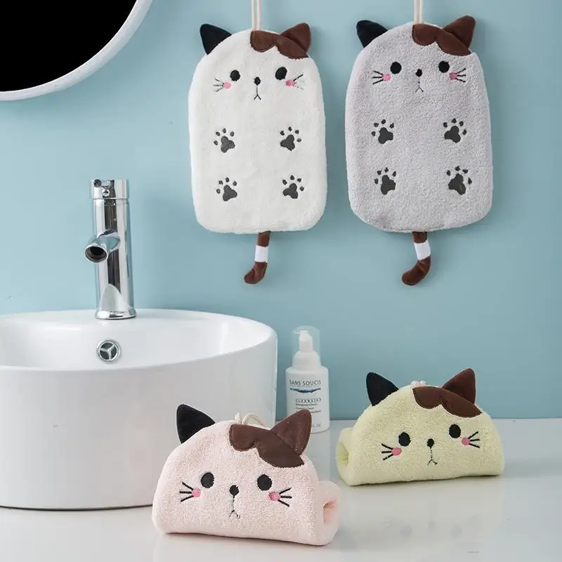 

Creative Hanging Cartoon Coral Velvet Bangs Cat Flat Embroidered Hand Towel Dual-use Clean Absorbent Hand Towel