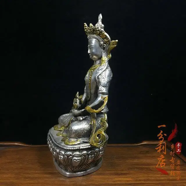Тибетская Тантра старая серебряная позолоченная статуя Будды Непал долголетие