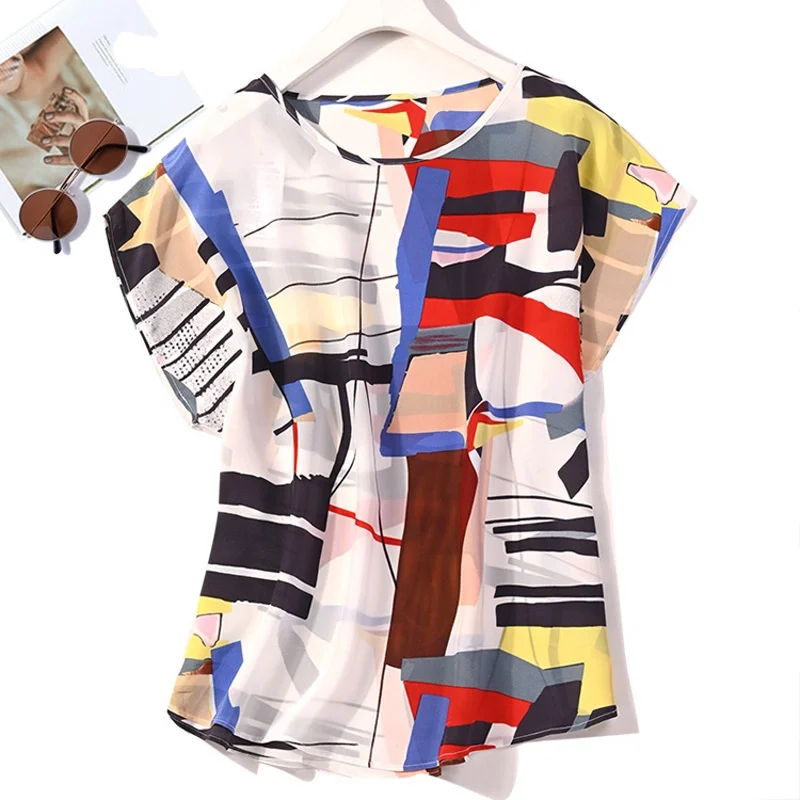 

Women 100% Mulberry Silk Loose type Short sleeve Round Neck Top Shirt Blouse abstract Printed Plus Size 8056