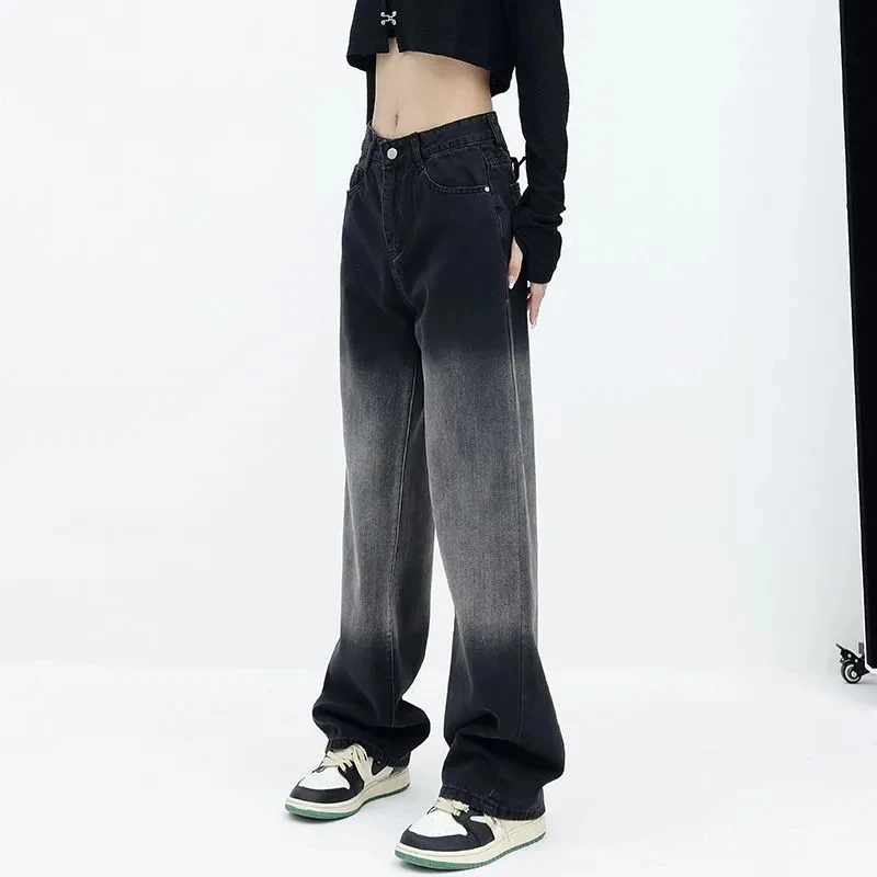 Vintage High Waist Women Jeans Gradient American Fashion Streetwear Baggy Wide Leg Denim Trouser 2023 Spring Summer  JeanBlacks