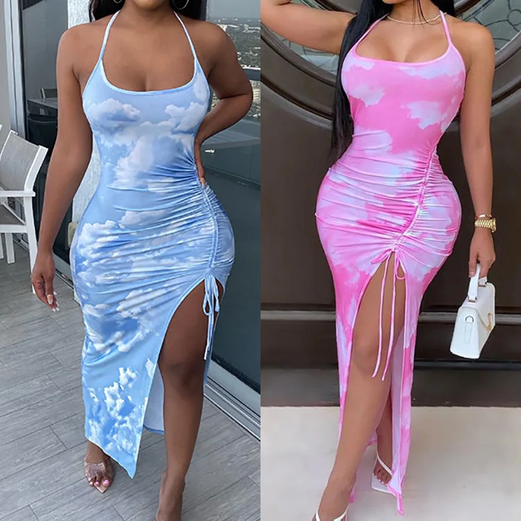 

Summer 2023 Tie Dye Print Drawstring Sexy Split Slim Bodysuit Dress Women