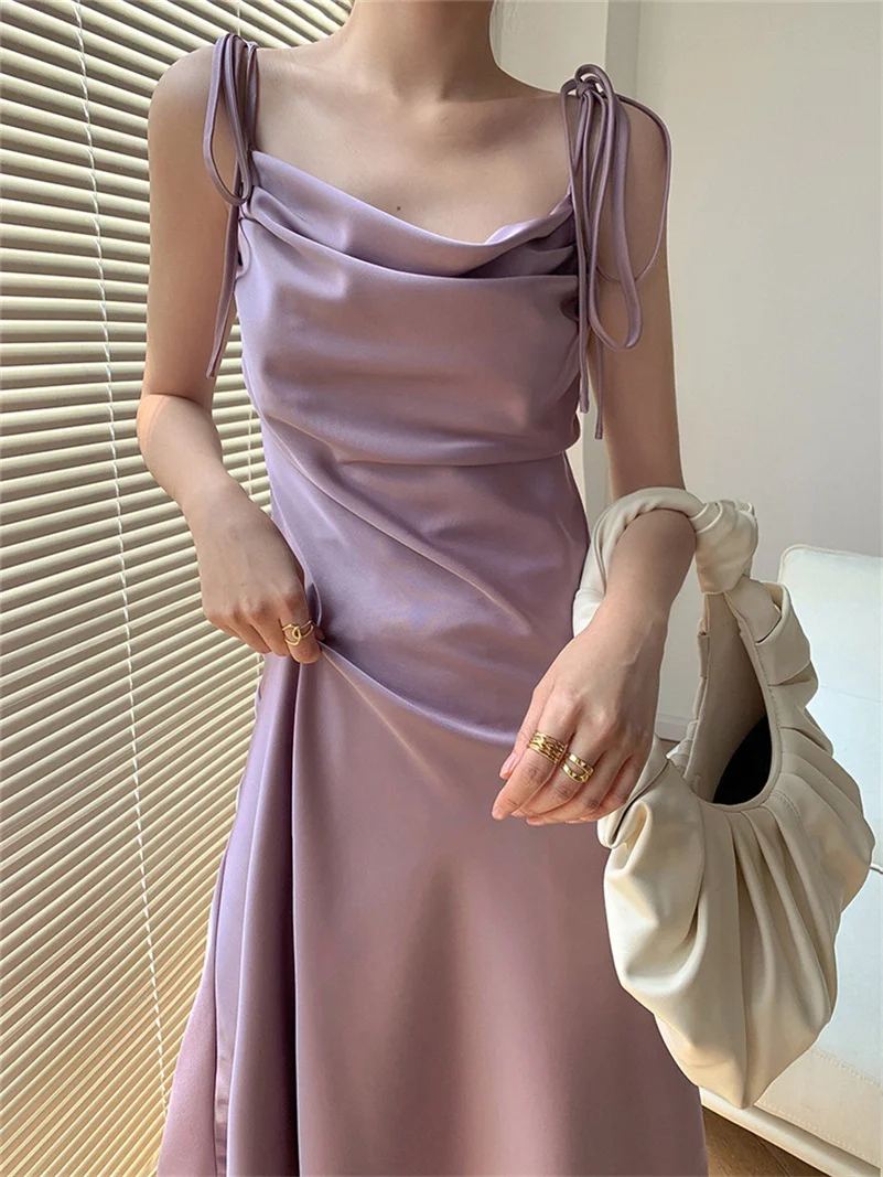 

New Design Women's Summer Clothing Fashion Chic Solid Satin Long Dress Adjustable Spaghetti Straps A-line Maxi Dress Vestidos