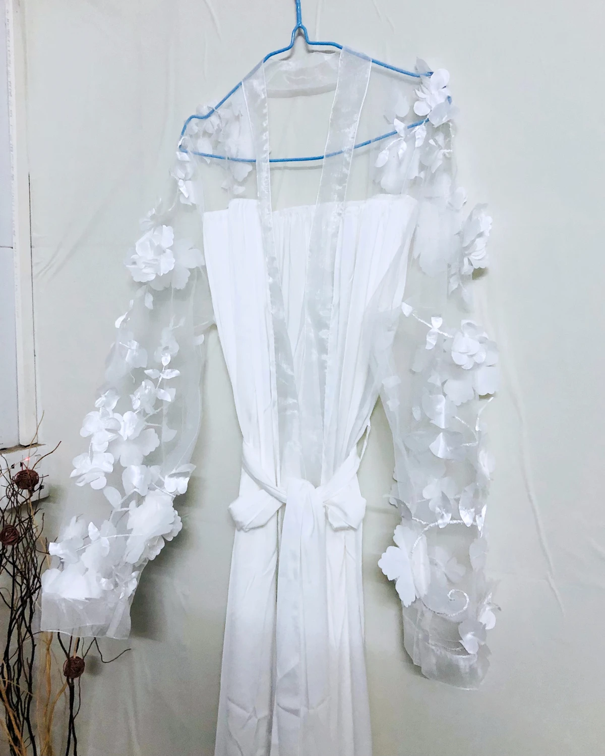 White Flower Mesh Robes Soft Sleeves Kimono Bride Dressing Women Bathrobe Pajamas Women's Summer Satin Elegant Wedding Robe