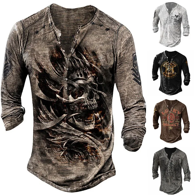 

FEGKZLI Spring New Mens Oversized Loose Tops Vintage Long Sleeve T Shirts Tops Punk Style 3D Printed V Collar Cool T Shirts