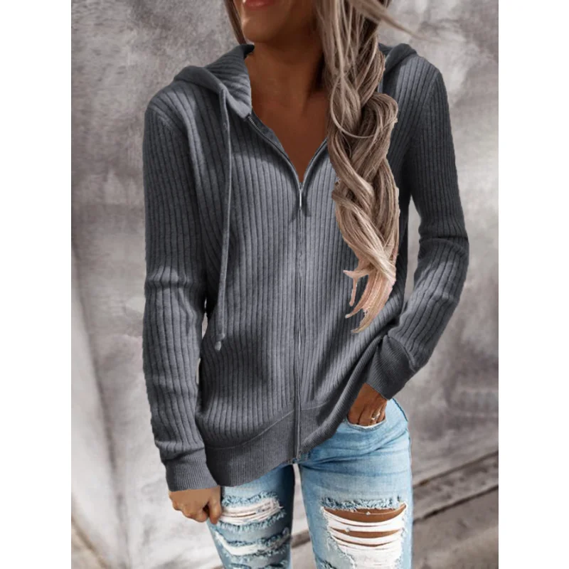 

All-Match Casual Sports Jacket Women Hooded Wool Knitted Sweater Zipper Cardigan Slim Outerwear Coats Striped Top Womens Clothes
