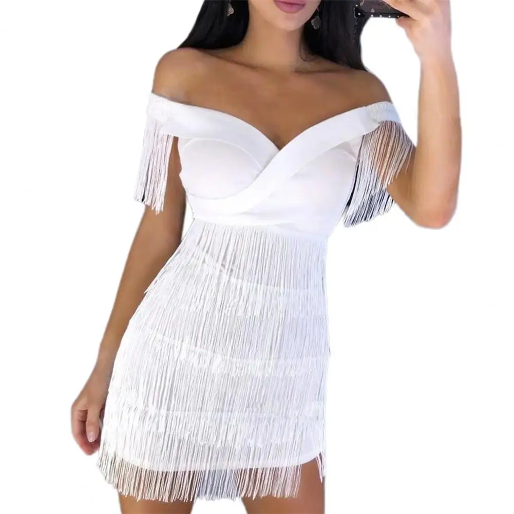 

Tassel Elegant Dress Off Shoulder Backless Waist Tight Solid Color Chest Wrap Bodycon Mini Dress Club Wear