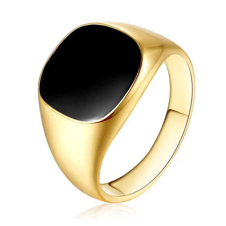 

Stainless Steel Jewelry 18k Gold Plated Black Square Enamel Signet Hip Hop Rings for Men