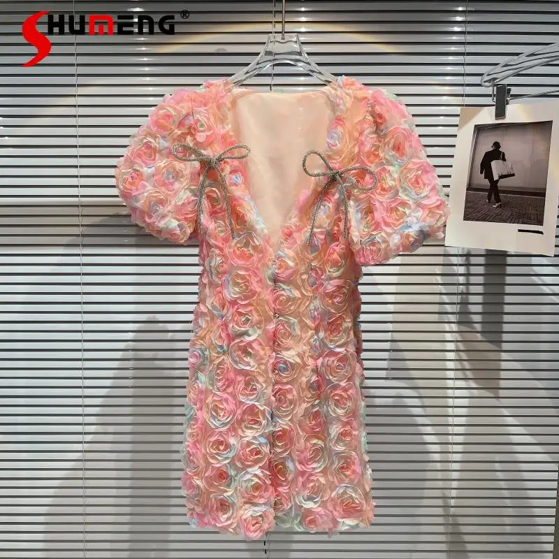 

2022 Summer New Short Sleeve Elegant Midi Dress Bow Stereo Net Yarn Flowers Low V-neck Socialite Dress Slimming Clothing