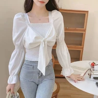 korean fashion bow folds slim chiffon blouse woman 2022 summer new casual all match puff long sleeve square collar chic shirts