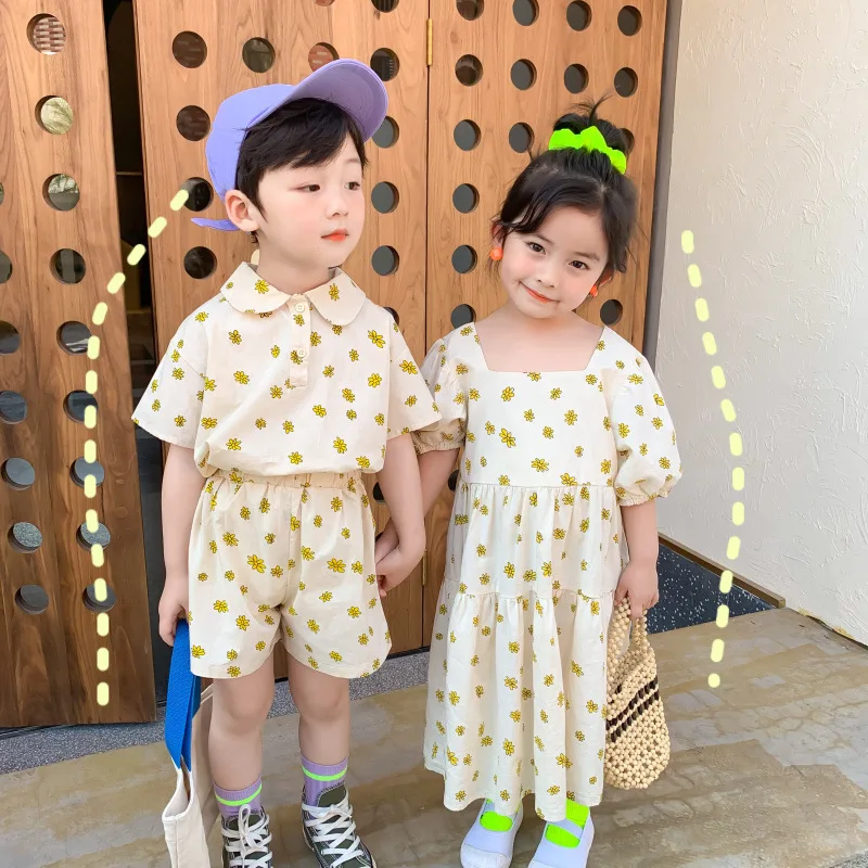 

Kids Suit 2023 Summer Boys and Girls Shorts Suit Kids Floral Dress Flower Skirt Boutique Clothing Simple Style Kids Clothes
