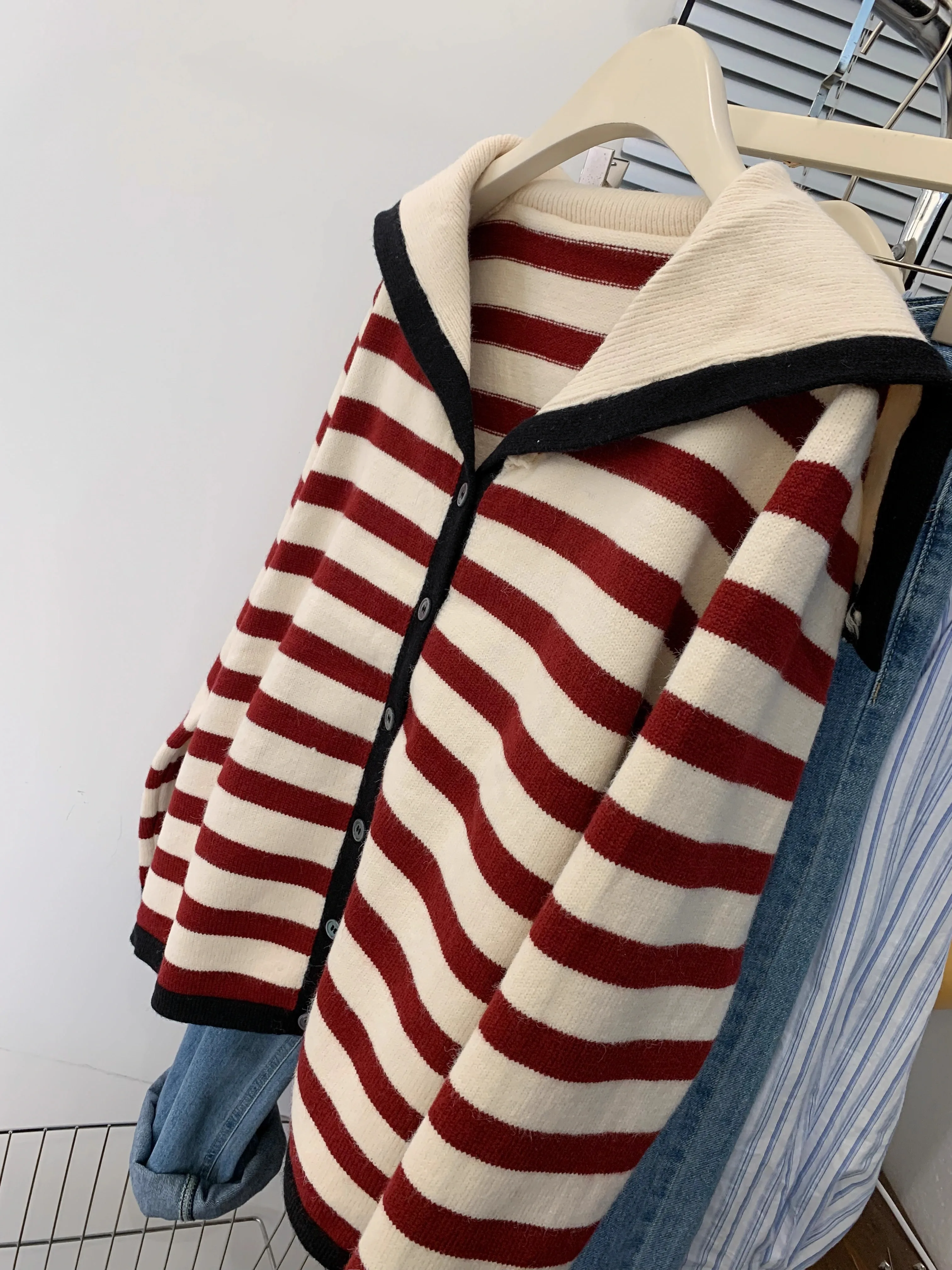 Sailor Collar Stripe Raccoon Velvet Sweater Cardigan Women Autumn and Winter Lapel Knitted Outerwear Idle Sle 2023 New