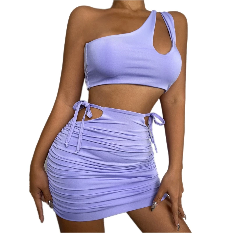 

Sexy 2 Pieces Set One Shoulder Tank Crop Tops Draped Bodycon Mini Skirts Women Suits Outfits Clubwear Matching Sets 2022