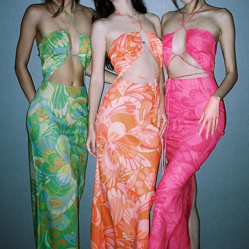 

2022 Summer New Sleeveless Bodycon Sexy Print Women Dress Holiday Beach Bandage Cross Off Shoulder Tube Long Dresses