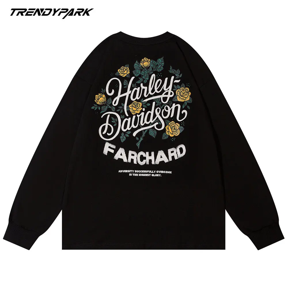 

Oversized T-shirt Vintage Letters Flowers Print Full Sleeve Cotton Men's Clothing Autumn Harajuku Casual Streetwear Men T Shirts