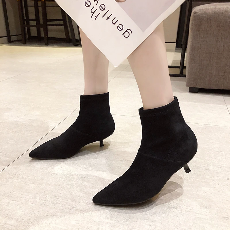 

Suede Slip-on Boot 2021 New Fashion Women Ankle Boots Pointed Toe Thin Low Heel Stiletto Soft Purple Black Red Cozy Botas Flock