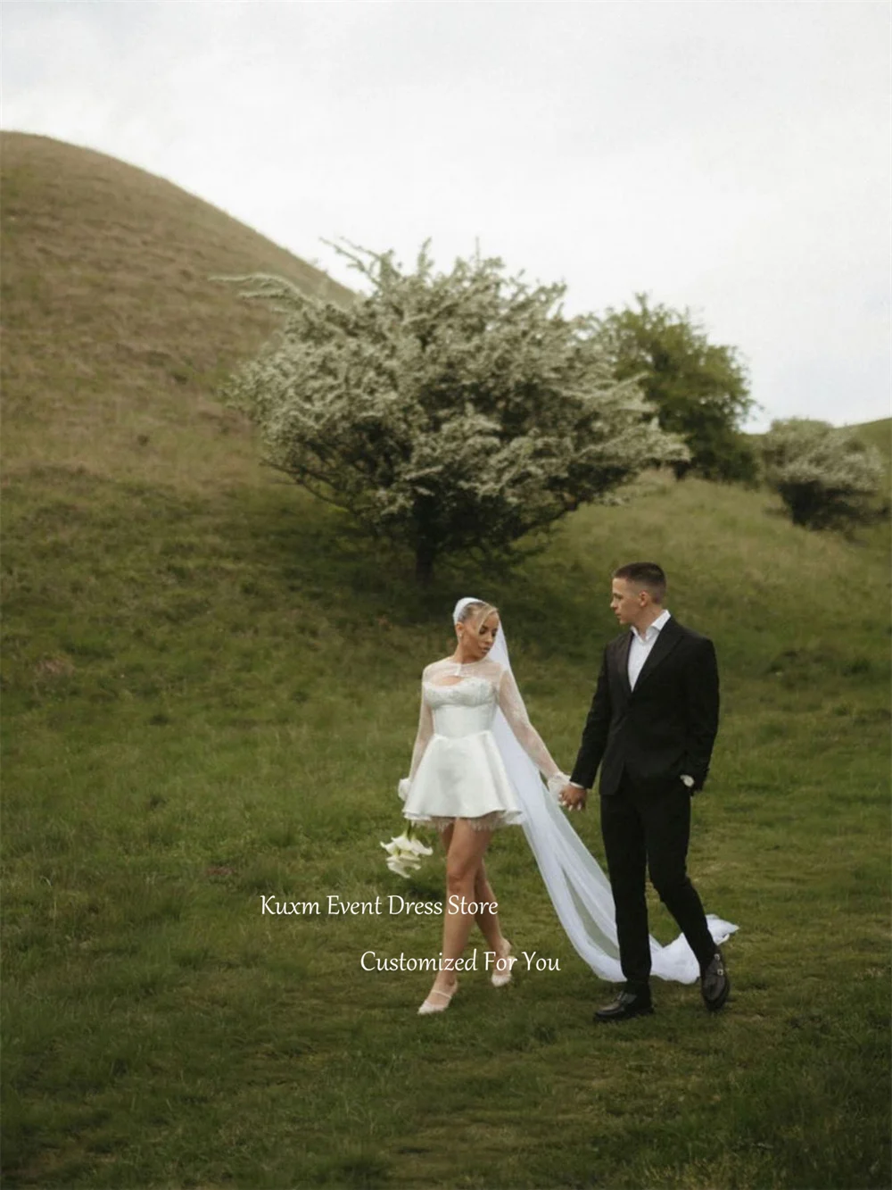 Фото Свадебное платье Kuxm White Sweetheart A-Line без рукавов из атласа с кружевными аппликациями, короткое, для свадебной вечеринки, на заказ №2