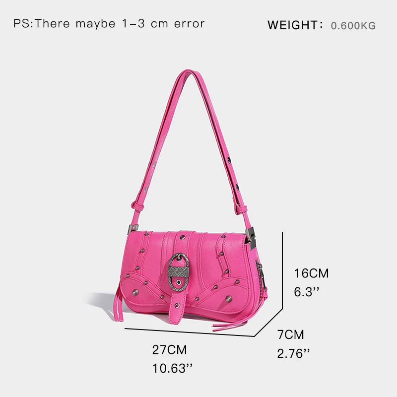 KOKOPEAS Designer Rock Leather Messenger Bag for Women Fashion Brand Flap Underarm Shoulder Purse Punk Pink Clutch Handbag