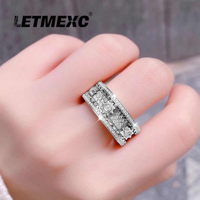LETMEXC Hot Sale Custom Wheel Of Life Full Diamond Gear Ring Moissanite D Color VVS1 925 Silver Couple Rings