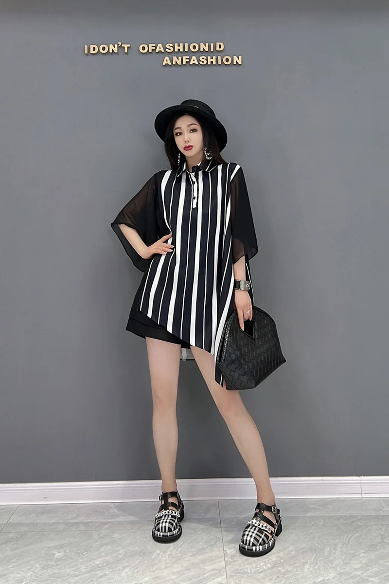 

SuperAen 2022 Summer New Fashion Turn Down Collar Shirt Casual Chiffon Mesh Slim Three Quarter Womens Tops