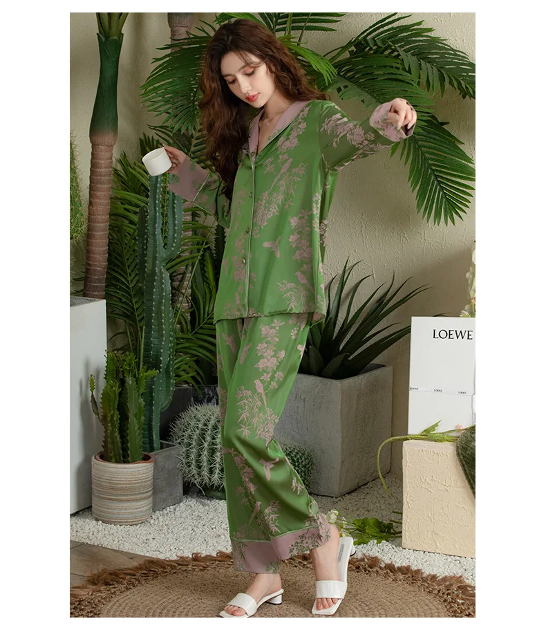 FALLINLAOE Ice Silk Pajamas Women's Spring And Autumn Fashion Printed Flowers Pajama Set Long Sleeve Home Suit Pyjamas