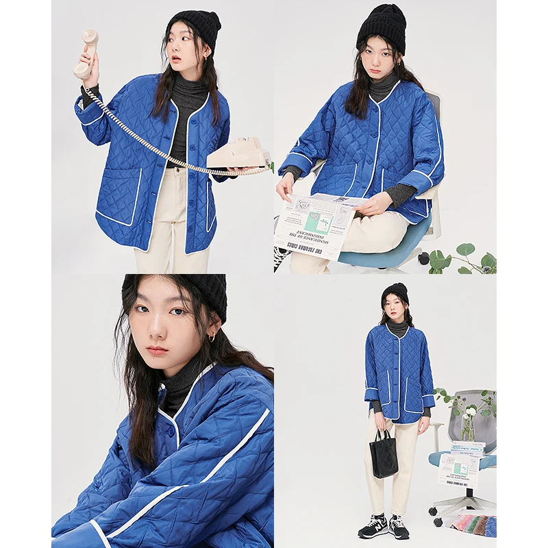 Toyouth Women Thick Coat 2022 Winter Long Sleeve Loose Jacket with Large Pocket Warm Comfort Blue Casual Streetwear Outwear