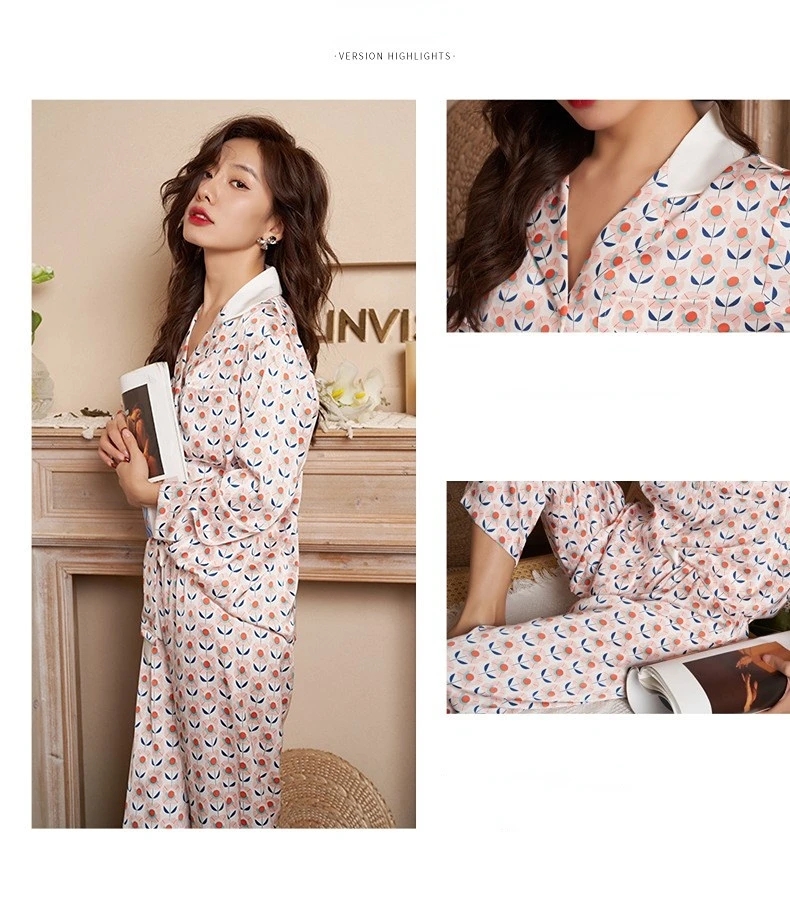 Women's 2 Piece Pajamas Sets Spring Flower Pijama Ice Silk Female Pyjama Sleepwear Long Sleeve Shirt Pants Homewear Loungewear