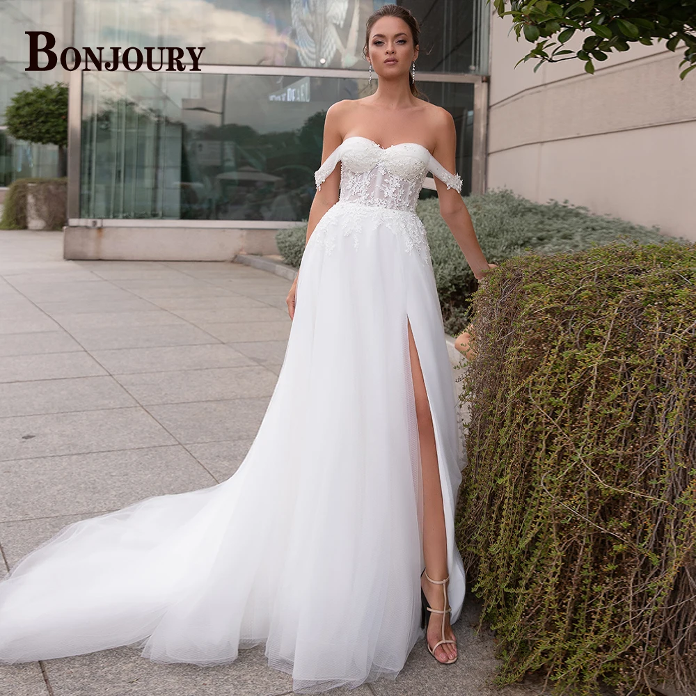 

Женское свадебное платье BONJOURY, простое модное платье с высоким разрезом и открытыми плечами, расширяющееся книзу, с аппликацией, на заказ