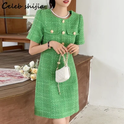 

Green Tweed Dress Woman 2022 Summer Chic Single-breasted Short-sleeve Elegant Wool Dress Women Bodycon Runway Business Clothing